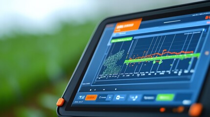 Data analysis display for agricultural insights farm field technology interface greenhouse environment close-up view precision farming concept