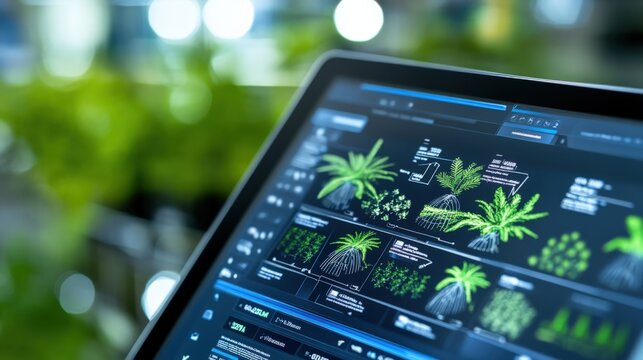 Analyzing plant growth data botanical research lab digital interface indoor environment close-up view innovative technology