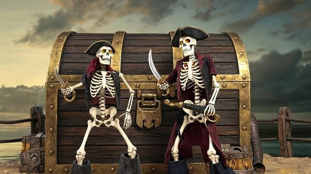 Two cursed pirate skeletons guard a massive treasure chest, gripping rusted cutlasses with glowing empty eye sockets.