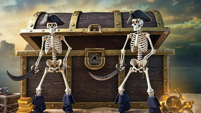 Two cursed pirate skeletons guard a massive treasure chest, gripping rusted cutlasses with glowing empty eye sockets.