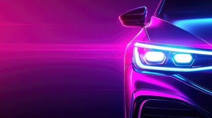 Close-up of a sleek, modern car's headlight with vibrant neon pink and blue lighting effects against a dark background.