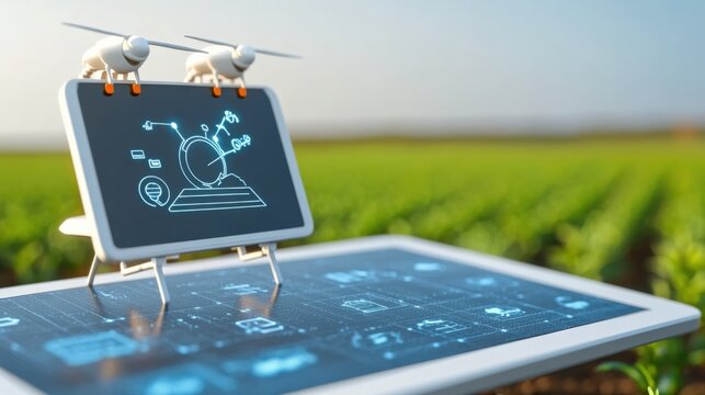 Innovative technology in agriculture smart farming solutions rural landscape digital display sunny environment aerial view sustainability concept