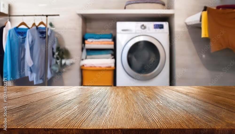 Poster blurred laundry room background with empty table in soft focus, conveying a tranquil atmosphere for 