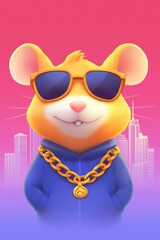 Fototapeta premium Cool cartoon mouse wearing sunglasses and gold chain against city backdrop.