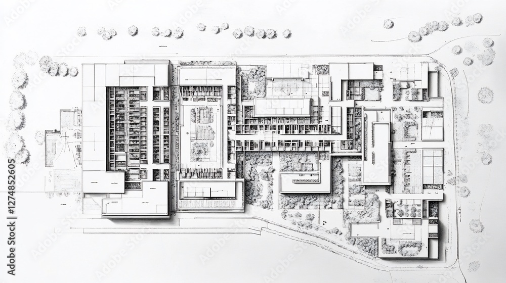 Poster architectural detailed top view plan of a complex building and its surrounding area with trees
