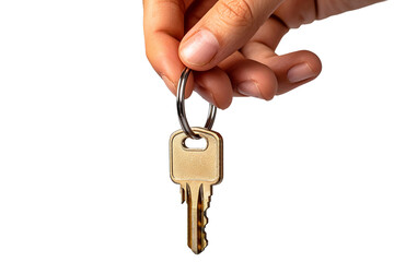 Close-up of hand holding golden key with key ring, symbolizing security, access, and new beginnings