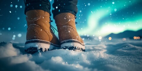 Hiker enjoys the magic of northern lights in norway during a winter night