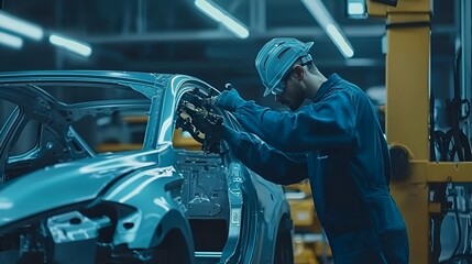 Auto body repair worker in factory