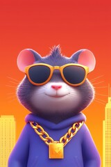 Fototapeta premium Cool hamster wearing sunglasses and gold chain against city backdrop.
