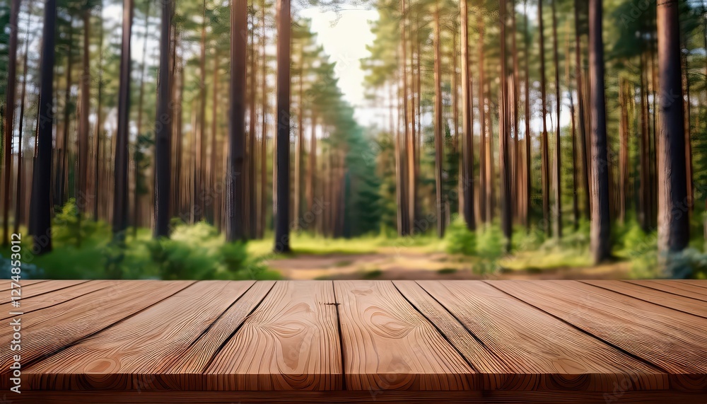 Poster blurred pine forest backdrop with empty rustic table serene rusticity meets modern minimalism in a w