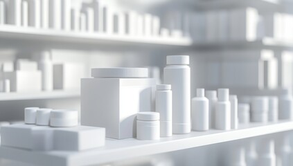 White product display, shelves, store, minimalist, packaging, cosmetics, background, mock-up