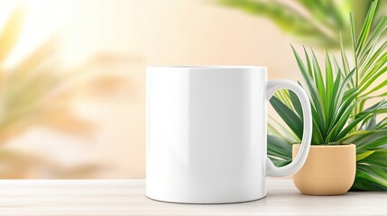 Blank White Mug Mockup Tropical Plant Background