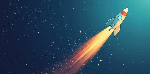 Cartoon rocket ship soaring through a starry night sky