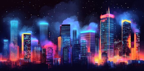 Naklejka premium Futuristic cityscape illuminated with vibrant colors and glowing lights