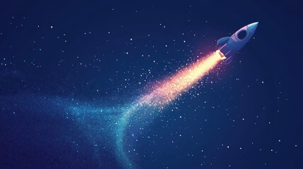 Naklejka premium Cartoon rocket launches into dark blue space emitting vibrant flame