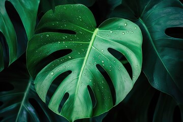 Natural Dew Drops on Fresh Green Monstera Leaf with Soft Bokeh Background Perfect for Wellness and Spa Marketing