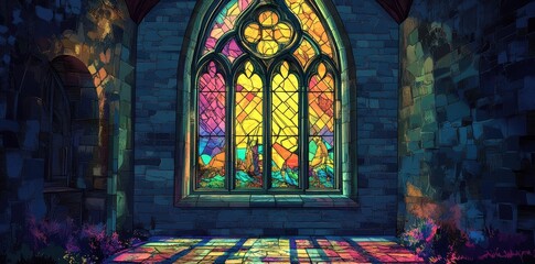 Obraz premium Stained glass window casts colorful light in a stone room