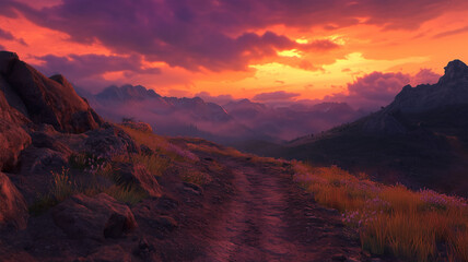Obraz premium 夕焼けに染まる山岳トレイル
