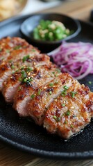 Grilled pork slices with Asian slaw on dark plate