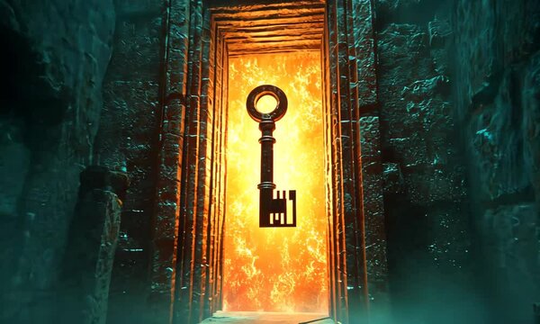 Mystical Key Unlocking Portal in Dark Stone Environment with ai generated.