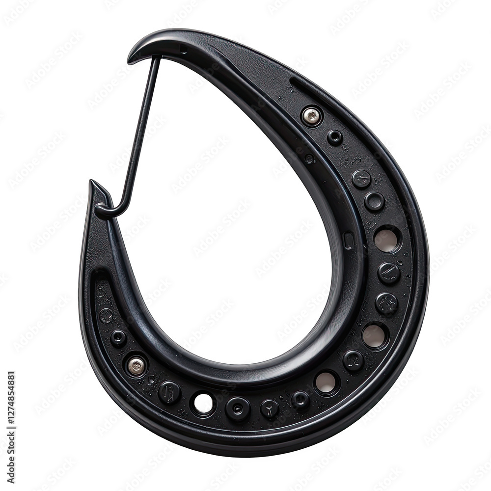 Poster detailed closeup of horseshoeshaped object with numerous circular studs. a black horseshoe shaped ob