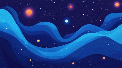 Abstract blue waves flow beneath colorful stars in space