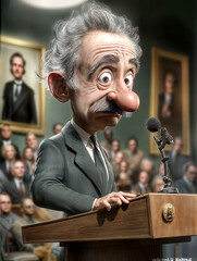 A cartoon character with exaggerated features stands at a podium, nervously addressing a captivated audience in formal attire, with portraits visible in the background.