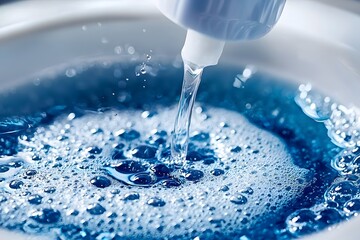 Pouring Blue Liquid Detergent into Foaming Water Close up Cleaning Product
