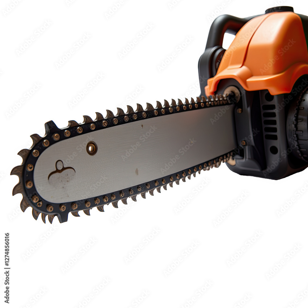 Poster detailed chainsaw rendering: realistic view with chain features and sturdy handle against transparen
