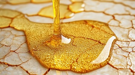Fototapeta premium Golden Honey Pouring on Cracked Surface Close up Texture Natural Sweetener