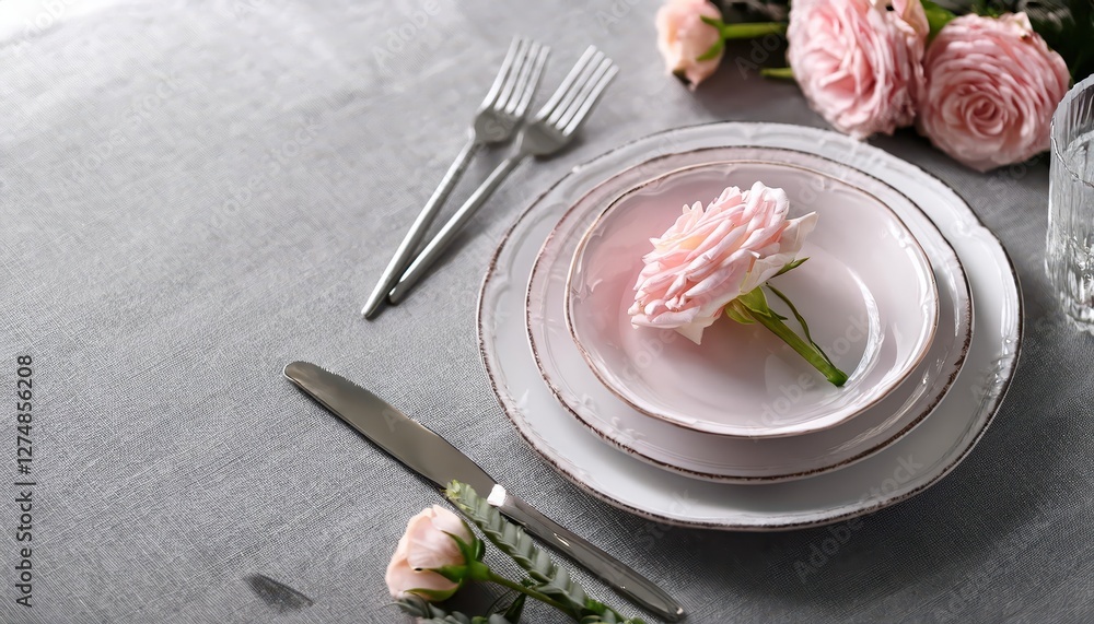 Poster elegant table setting draped over a gray linen tablecloth, creating an inviting ambiance for a chic 