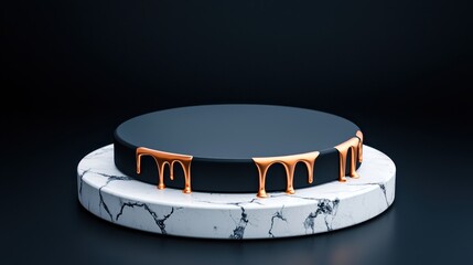 Elegant Black and White Marble Platform with Gold Drips Luxury Product Display