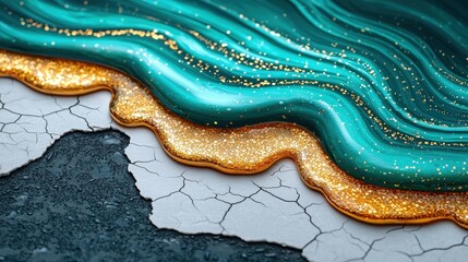 Abstract Gold and Teal Glitter Liquid Pouring on Cracked Surface Artistic Background Texture