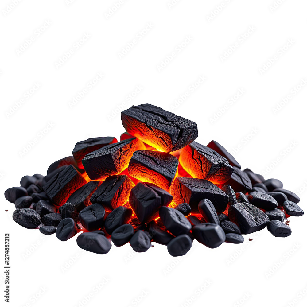 Poster detailed closeup image analysis of red coals against deep transparent background for visual impact. 