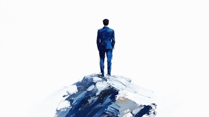 Businessman Standing on a Mountain Peak Overlooking Vast Landscape