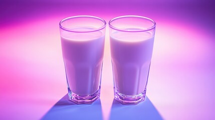 Two glasses of milk illuminated by vibrant purple and pink lighting, creating a calming atmosphere