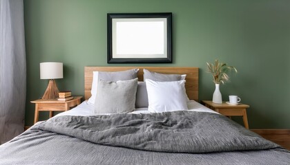 Scandinavian Interior Grey Linen White Pillows on Wooden Bed in Warm Neutral Tones, Evoking a Cozy Retreat for Modern Living