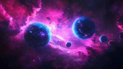 A vibrant futuristic deep space scene featuring glowing blue planets surrounded by a pink and purple nebula. perfect for sci-fi, cosmos, and astronomy themes. Glowing Parallel Dimensions. Illustration