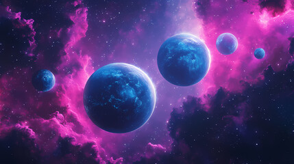 Obraz premium A vibrant futuristic deep space scene featuring glowing blue planets surrounded by a pink and purple nebula. perfect for sci-fi, cosmos, and astronomy themes. Glowing Parallel Dimensions. Illustration