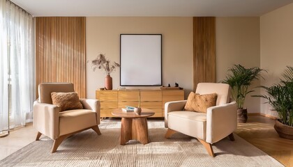 Elegant Warmth and Rustic Charm Cozy Beige Living Room Oozes Inviting Atmosphere with Wooden Furniture, Armchairs, Dresser, and a Vintage Poster Perfect for Design Inspiration