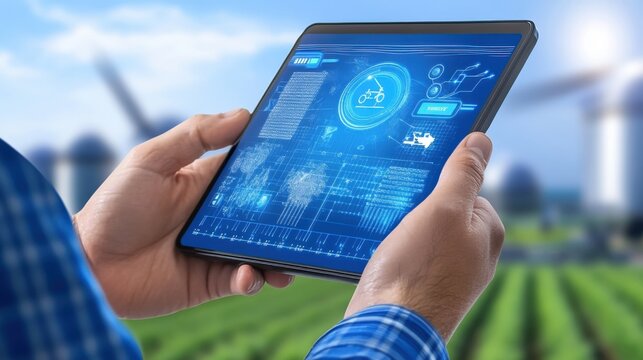 Innovative agricultural technology showcase rural landscape digital interface green environment aerial viewpoint smart farming concept - Powered by Adobe