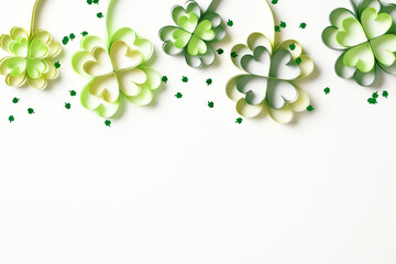Green paper quilled shamrocks with small green confetti on a white background. Happy St Patrick's...