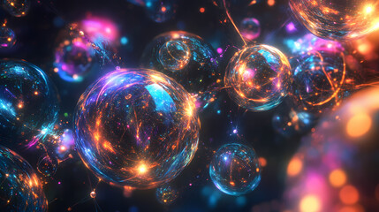 Floating orbs represent parallel universes, connected by glowing energy bridges. each orb holds a unique world, blending vibrant colors and abstract patterns. Glowing Parallel Dimensions. Illustration