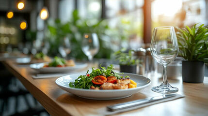 Restaurant table with delicious seafood salad and wine glasses