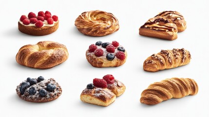 Assorted fresh pastries with berries displayed on a white background, ideal for food photography