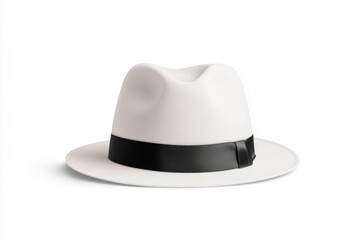 White hat with a black band sits on a white background