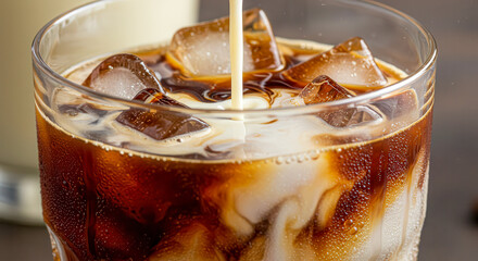 Iced coffee with cream being poured into a glass with ice, a delicious drink.