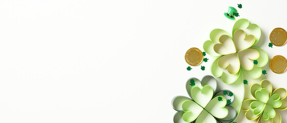 Happy St Patrick's Day banner design with paper quilling clovers and confetti on white background