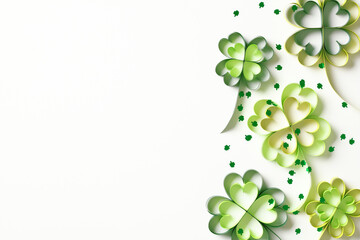 Happy St Patrick's Day greeting card template with paper quilling clovers and confetti on white background. Flat lay, top view, copy space