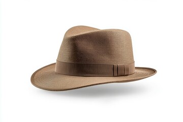 Tan hat with a brown band sits on a white background
